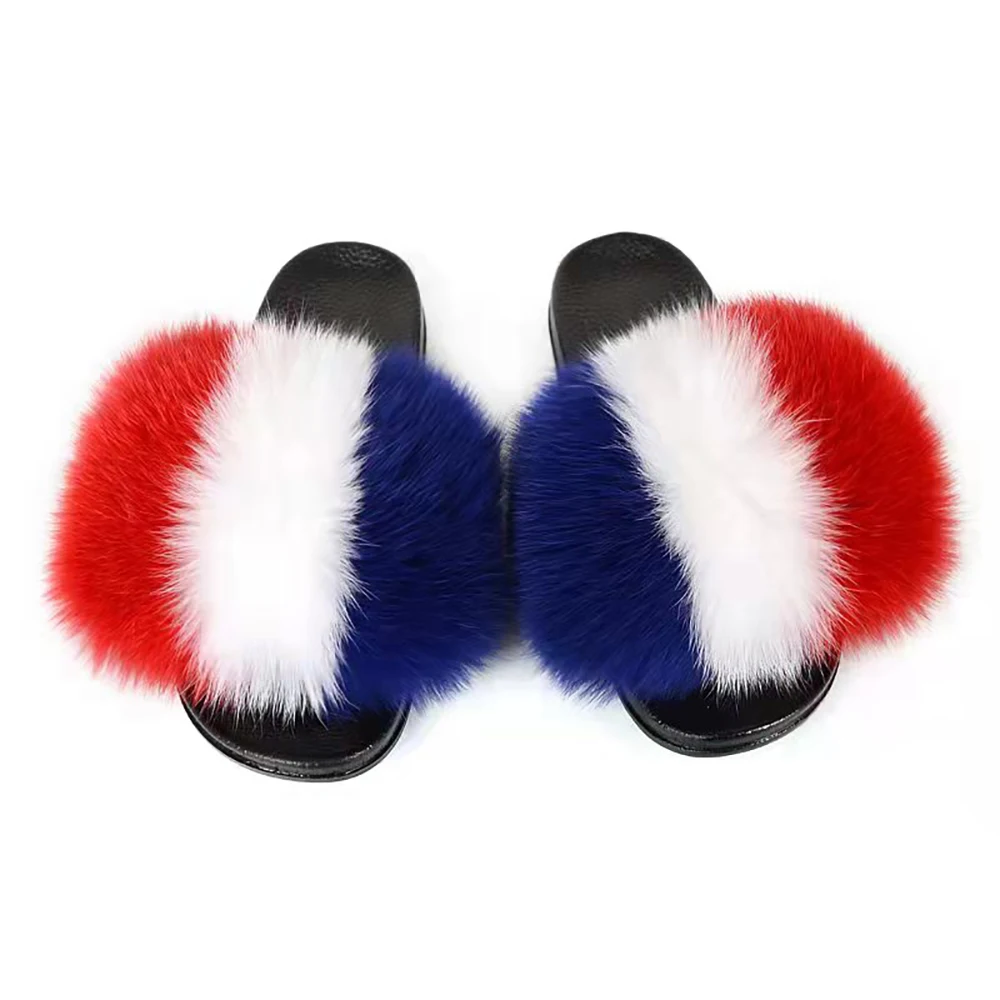 2024 New Women Summer Furry Fur Slippers Flat Non-slip Solid Real Fox Fur Slides Fluffy Slippers Ladies Shoes Women Home Slipper