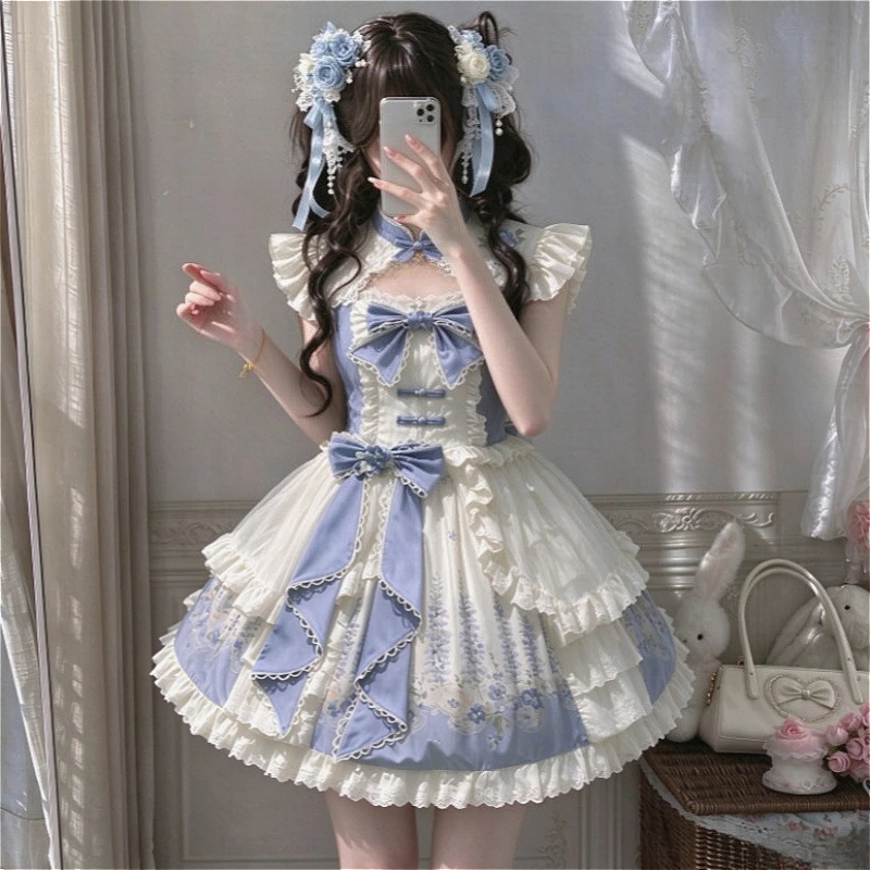 Ruffle Cake Skirt Sleeveless JSK Dress Y2K Lace Strap Kawaii Vintage Harajuku Streetwear for Holiday Party Dating Daily Outfits