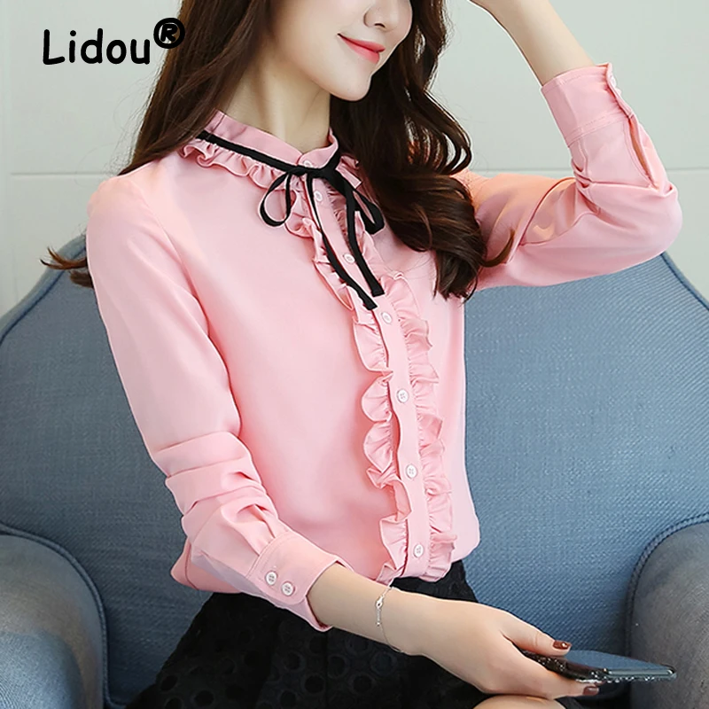 New Women Korean Fashion Ruffle Lace Up Elegant Button Shirt Casual Stand Collar Slim Blouse Solid Long Sleeve Tops Sweet Blusas