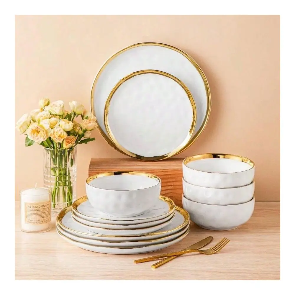

Dinnerware, White With Golden Border, Poreclain Tableware, Dinner Plate, Dessert Plate And Bowl, Sevice For 4