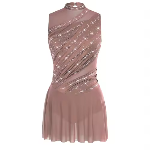 Women Ruched Ballet Lyrical Dancing Dress Round Collar Sleeveless Rhinestone Backless Dress for Stage Performance Competition - Image 16