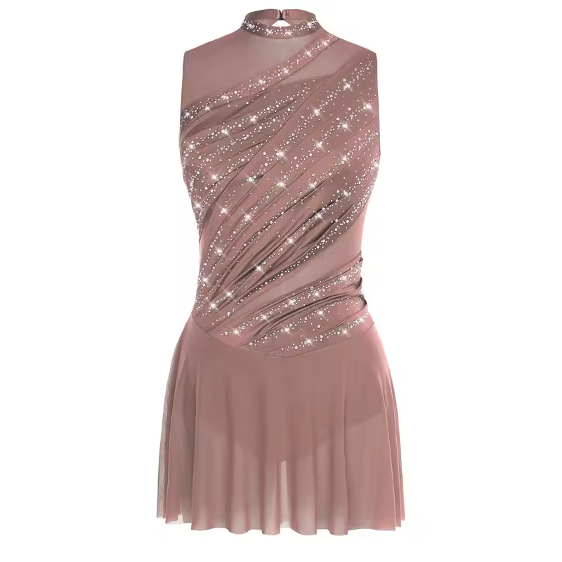 Women Ruched Ballet Lyrical Dancing Dress Round Collar Sleeveless Rhinestone Backless Dress for Stage Performance Competition - Image 16