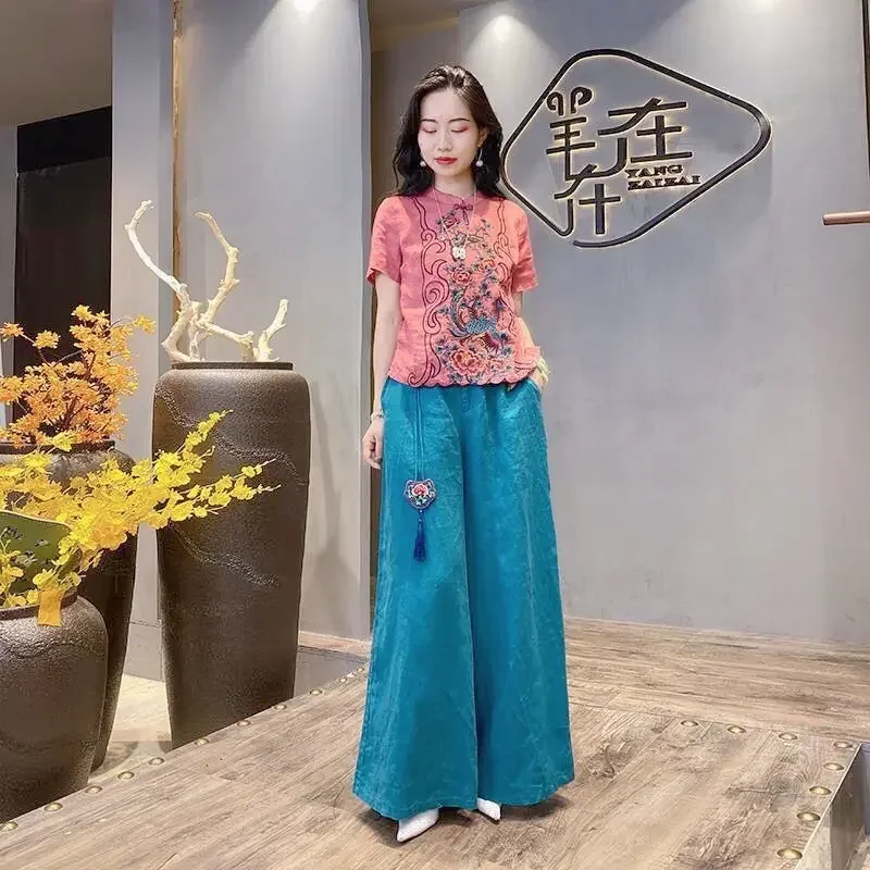 Новая блузка из хлопка и льна в национальном стиле, женская летняя рубашка в китайском стиле с короткими рукавами и пуговицами с цветочной вышивкой