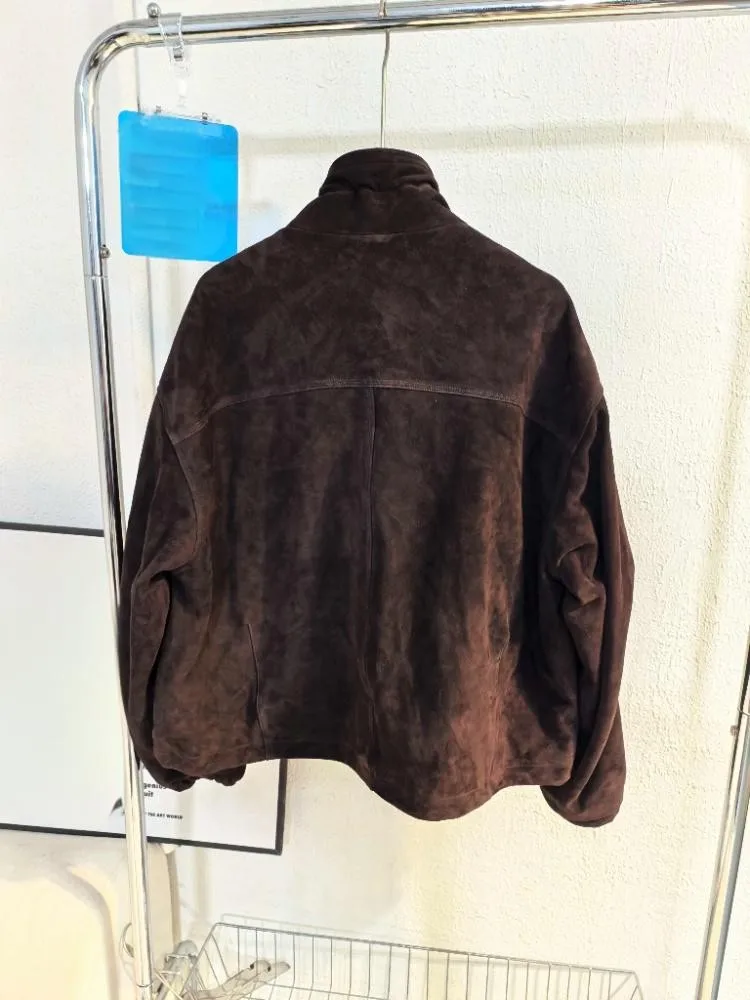 Weibliche Zipper Herbst Winter Kurzen Mantel Vintage Echtem Wildleder Jacke Slim Fit Mode Frauen Elegante Stehkragen Lose Tasche