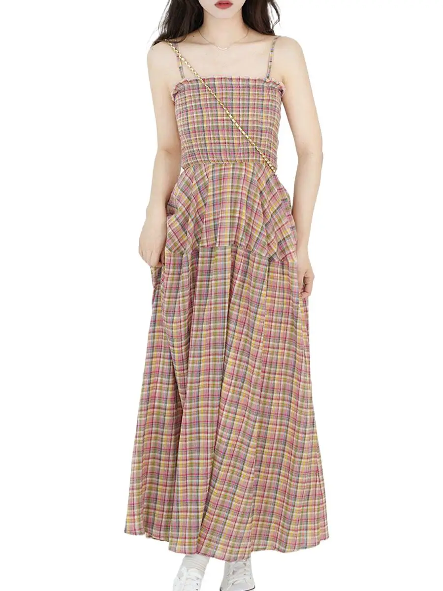 

2023 Summer Bohemian spaghetti strap Plaid Dress Artsy vintage holiday long maxi dress Fashion Sweet Party Dress Vestidos