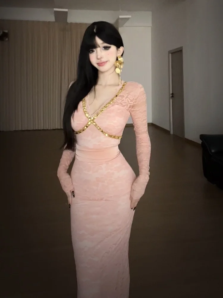 

Сексуальное облегающее кружевное платье с V-образным вырезом для полных женщин, с завышенной талией, подчеркивающее фигуру, повседневное, осеннее, с длинным рукавом