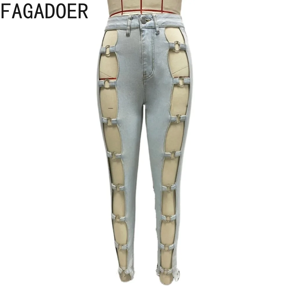 Fagadoer-女性用ライトブルーデニムパンツ,ボタン,透かし彫りパッチワーク,タイト,ストリートウェア,セクシーボトム,春,新品,2022