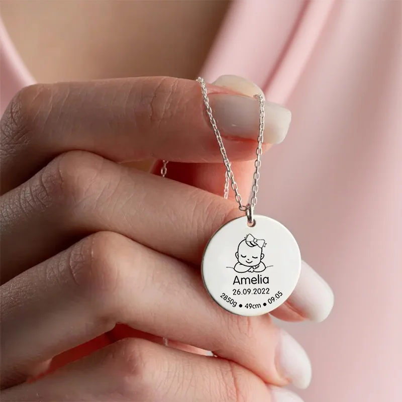 Customized, Stainless Steel, Child Birth Memorial Pendant, Personalized Custom Name, Weight, etc., Multiple Coices