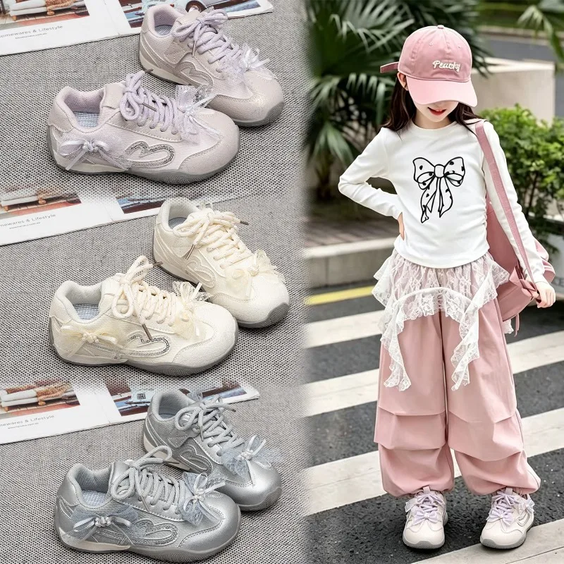 Girls Princess Casual Shoes Sweet Lace Bows Kids Tennis Shoes Mesh Breathable 2026 Brand New Children Sports Shoes Non-slip