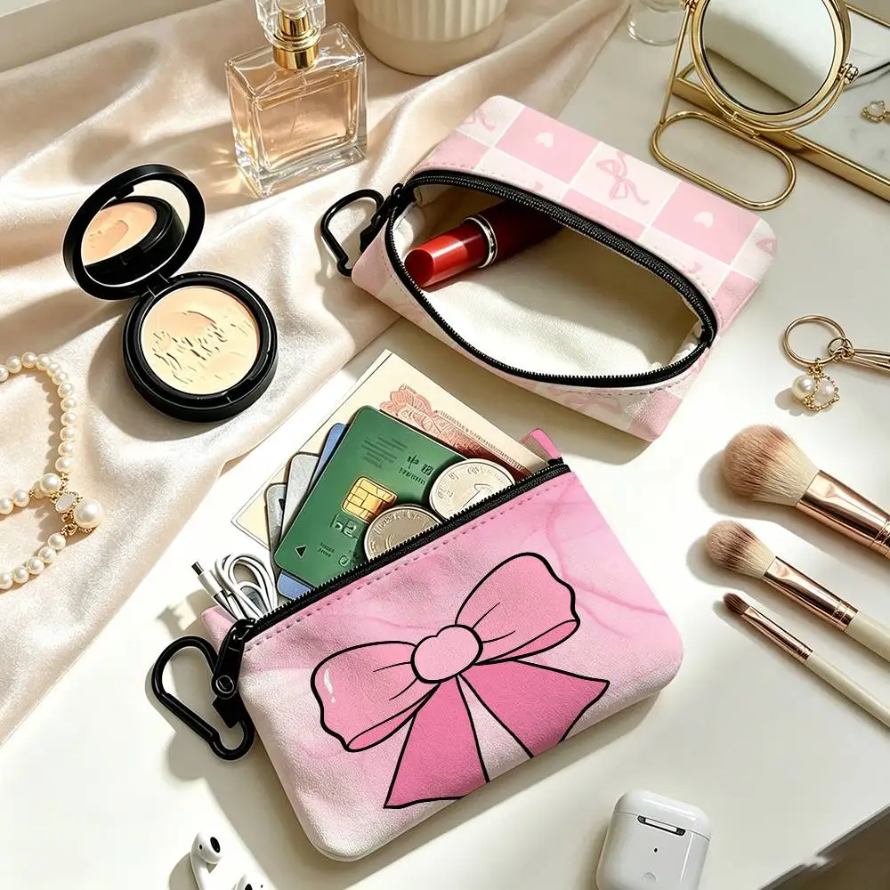 Pink Bow BEAUTY  Lightweight Oxford Fabric Coin Purse Carabiner Hook Design Mini Card Key Organizer Bag