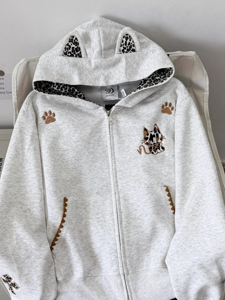 Übergroßer Amerikanischer Retro-Reißverschluss-Pullover Mantel Damen Herbst Winter Leopardenmuster Loser Kapuzenpullover Strickjacke Modisch Bequem...