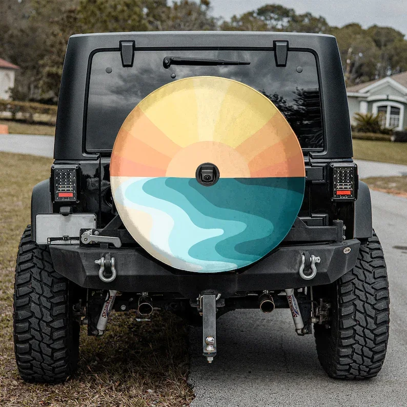 RV Spare Tire Covers, Beach Sunset Spare Tire Cover, Retro Mountain Sunset Spare Tire Cover For Any Vehicle,