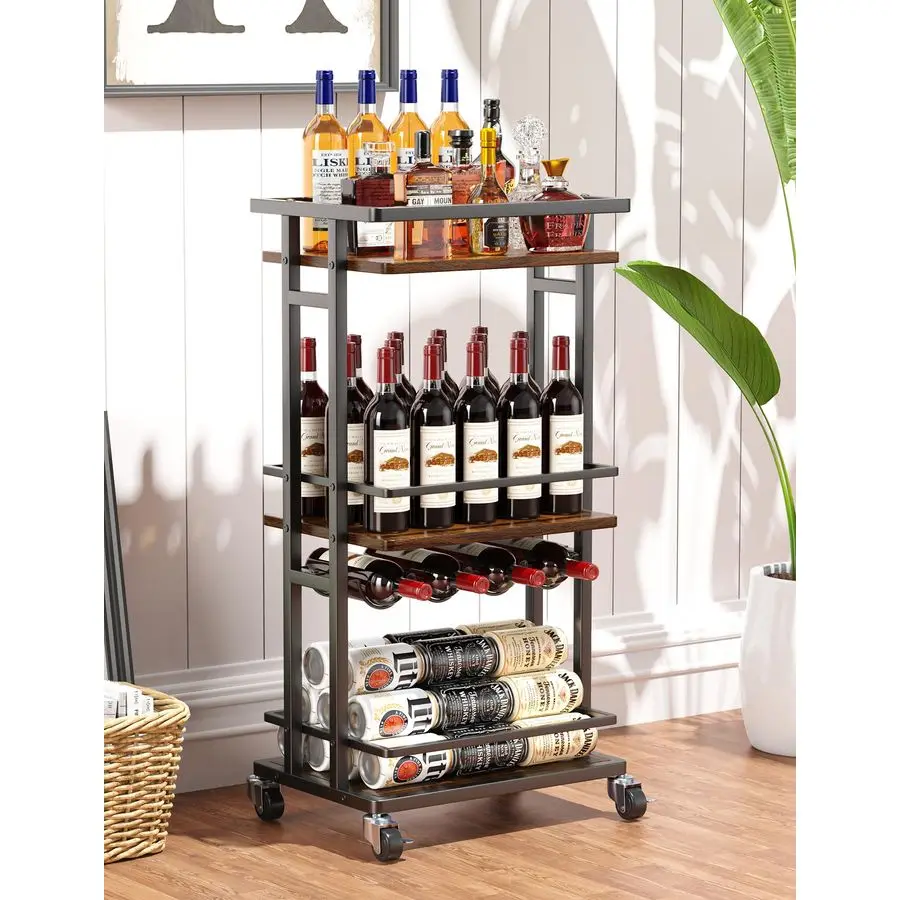

Liquor Cabinet with Wine Rack, Mini Bar Cart for Home, Small Liquor Bar for Alcohol, Rolling Kitchen Serving Cart on Wheels, Wi
