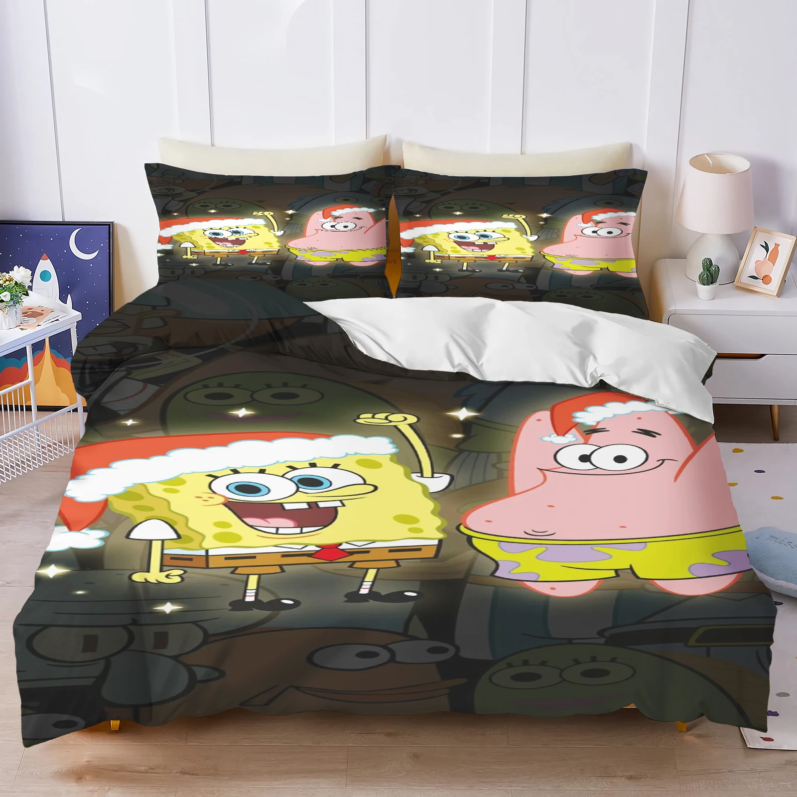 Christmas SpongeBob Patrick Bedding Set Dark Background Duvet Cover 3D Cartoon Quilt Cover Kids Bed Decor No Filler view 4