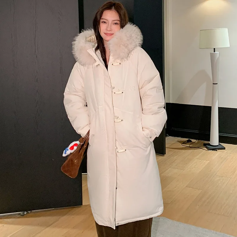 Winter Trend Horn Button Long Parkas Coat Women Oversize Fur Collar Hooded Cotton Jacket Elegant Thicken Warm Cotton-Padded Coat