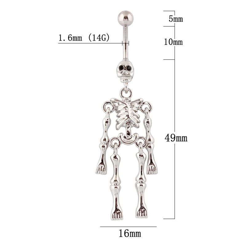 Body Skull belly button ring Skeleton body piercing jewelry Retail navel ring belly bar 14G 316L surgical steel bar