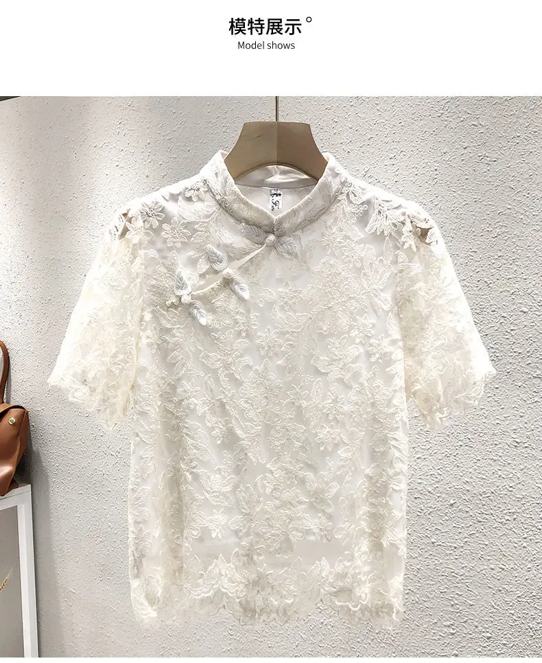 Short-sleeved Chiffon Shirt Summer 2025 New Style Button Chinese National Style Lace T-shirt Top
