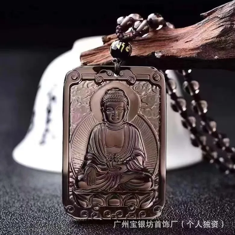 Traditional Chinese Style Natural Ice Obsidian Chinese Zodiac Patron Buddha Pendant Lucky Blessing Wealth Attracting Square Amul