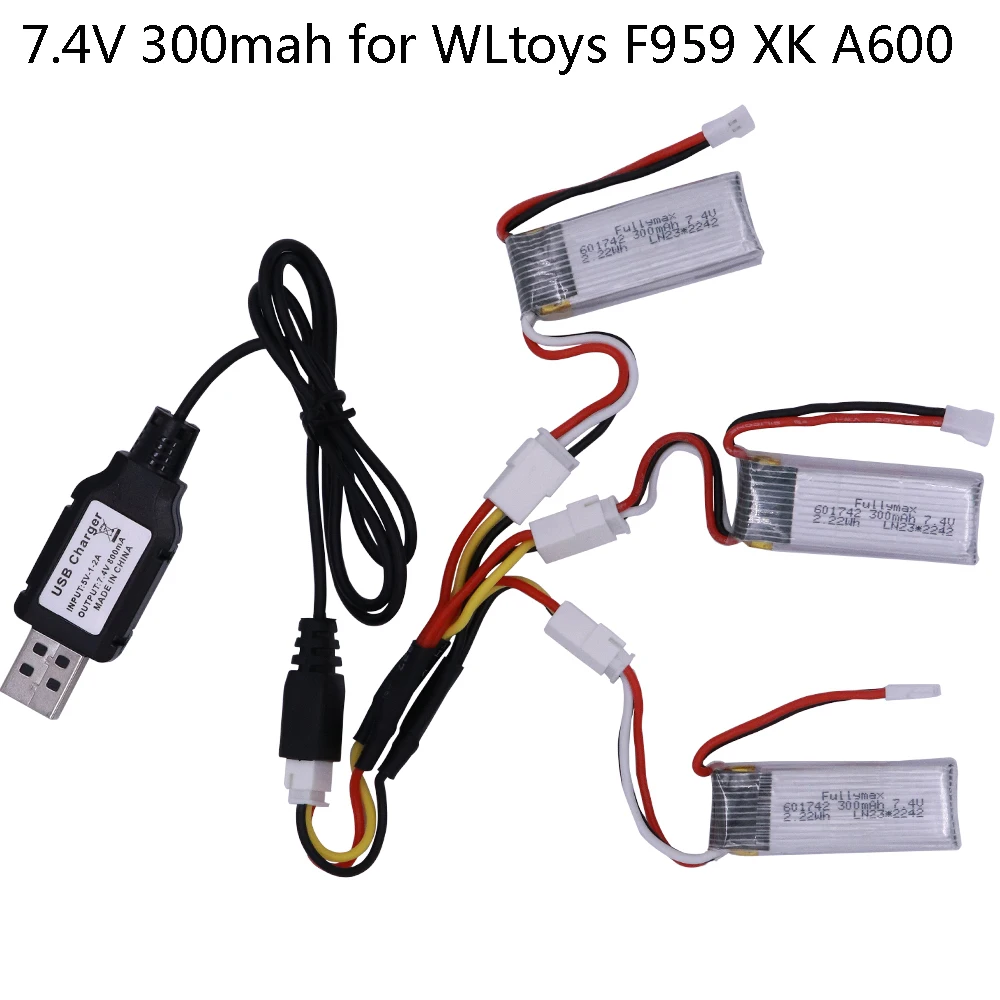 3PCS 7.4V 300mAh LiPo Battery with USB Charger For RC WLtoys F959 RC Drone Parts 7.4V battery For XK DHC-2 A600 A700 A800 A430