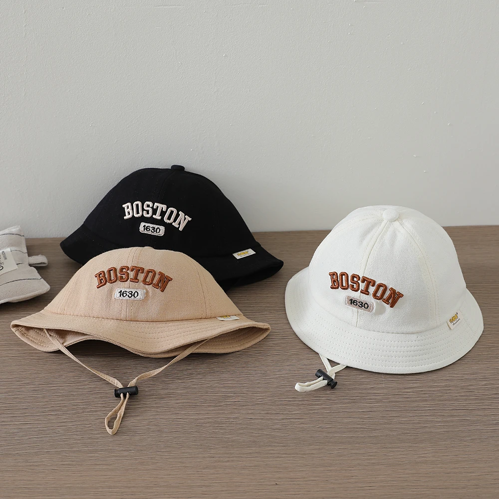 キッズフィッシャーマンキャップ春秋幼児ベビーボーイズボストン刺繍サンハット幼児アクセサリーガールズバケットハット