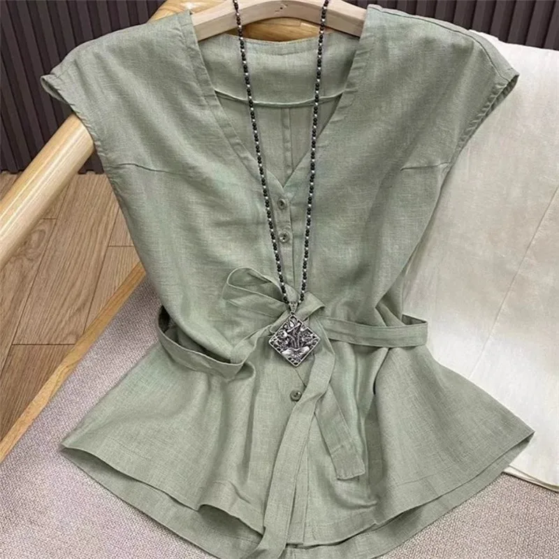 Limiguyue Mint Green Tencel Ramie Blouse Women V-neck Flying Sleeve Shirt Summer Single Breasted Slim Belt Tops Versatile 212P