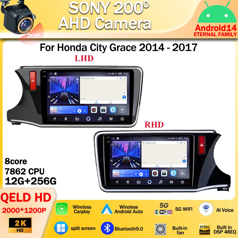 

Android 14 для Honda City Grace 2014 - 2017 RHD LHD Автомагнитола мультимедийный видеоплеер навигация GPS беспроводной Carplay Android 4G