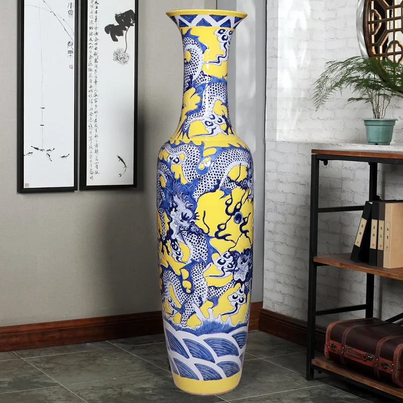 Jingdezhen ceramics hand-painted dragon pattern floor-to-ceiling large vase home garden feng shui ornament