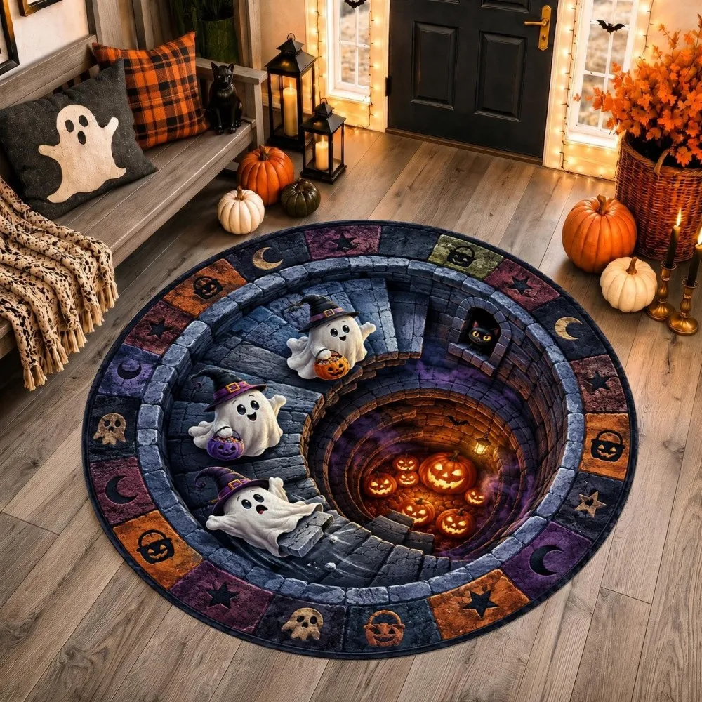 3D Halloween Area Rug Vortex Ghost Pumpkin Round Carpet For Living Room Sofa Bedroom Bedside Hallway Laundry Office Home Decor