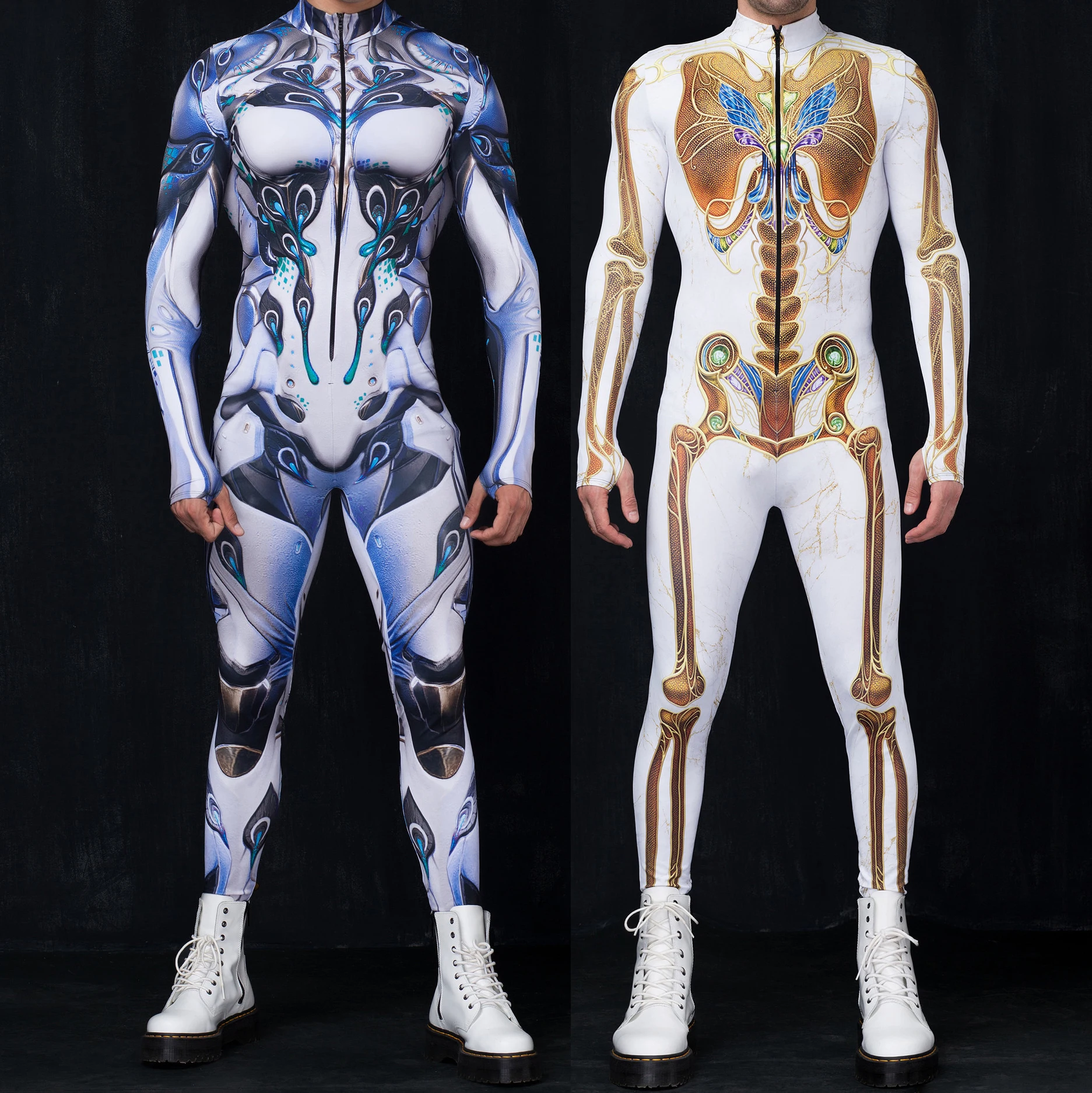 Cosplay mecânico colorido estampado para homens, esqueleto cibernético, macacão punk, bodysuit Zentai, traje de desempenho, festa de Halloween