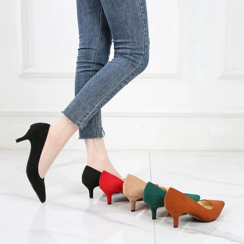 Low Heel Pumps Lady Pointed Toe Kitten Heels Female Green Flock Plus Size 43 44 45 46 Red Shoes 2023 Women 5cm High Heels