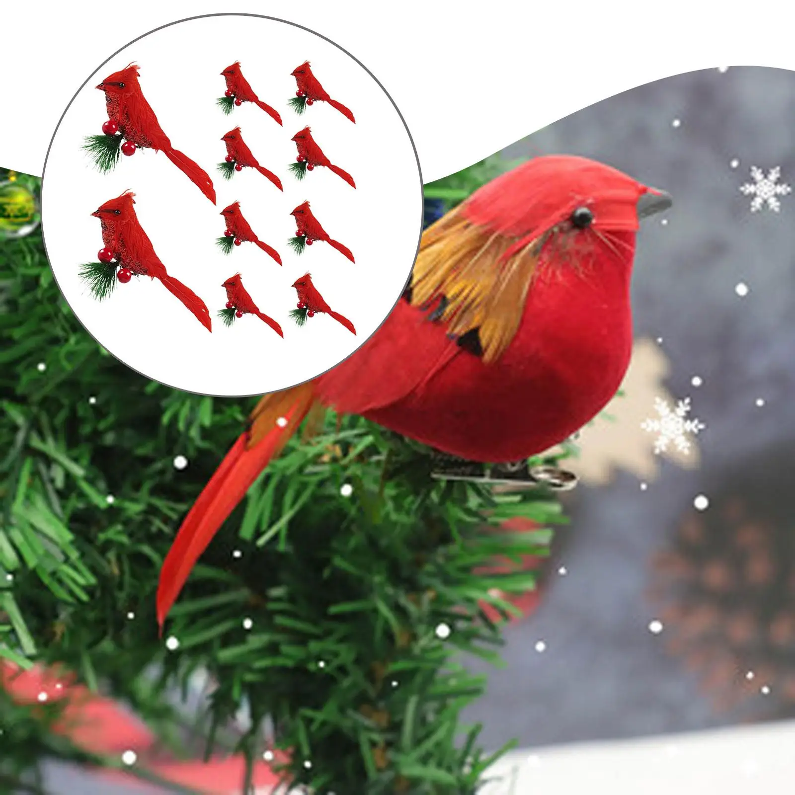 10x Artificial Christmas Red Red Birds Christmas Tree Decors Simulation Bird Decorations Clip on for Holidays Branches Yard