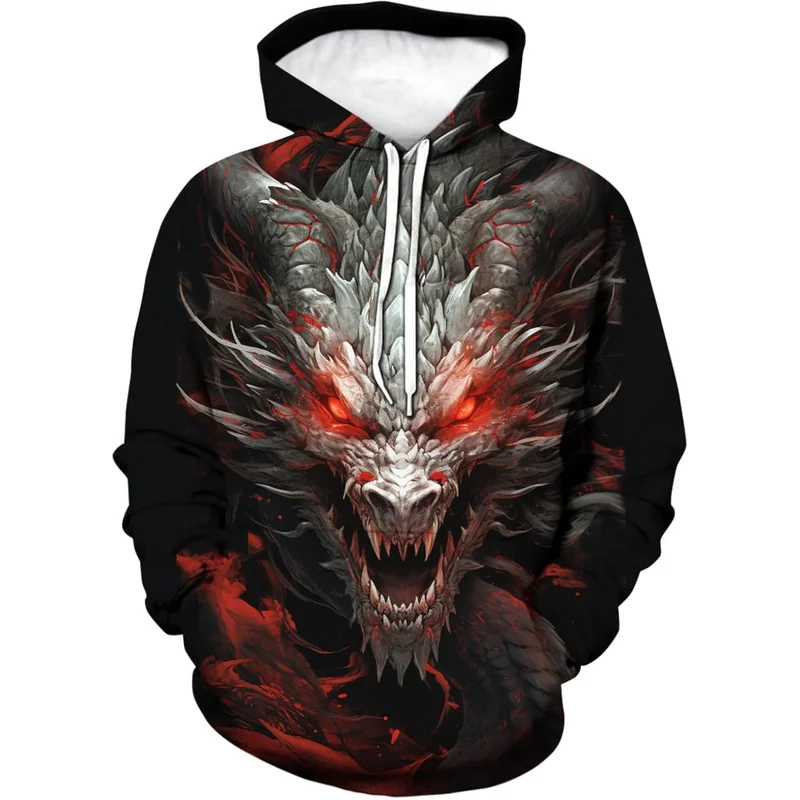 Men's Dragon Print Hoodie Black Red Streetwear Pullover Pocket Winter Warm Machine Washable Outdoor Casual Top