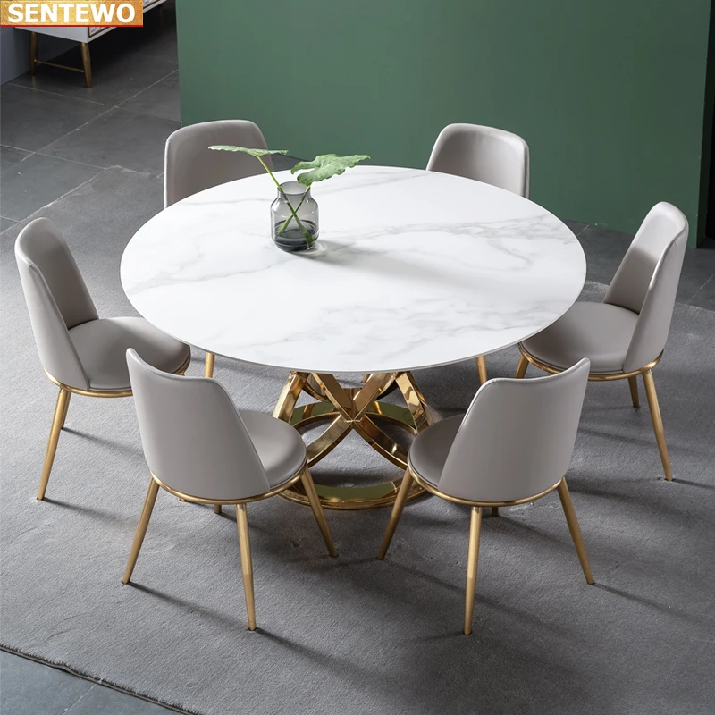 Designer Luxury round dinner Marble Rock Slab dining table set 4 chairs mesa esstisch furniture marbre Stainless steel gold base