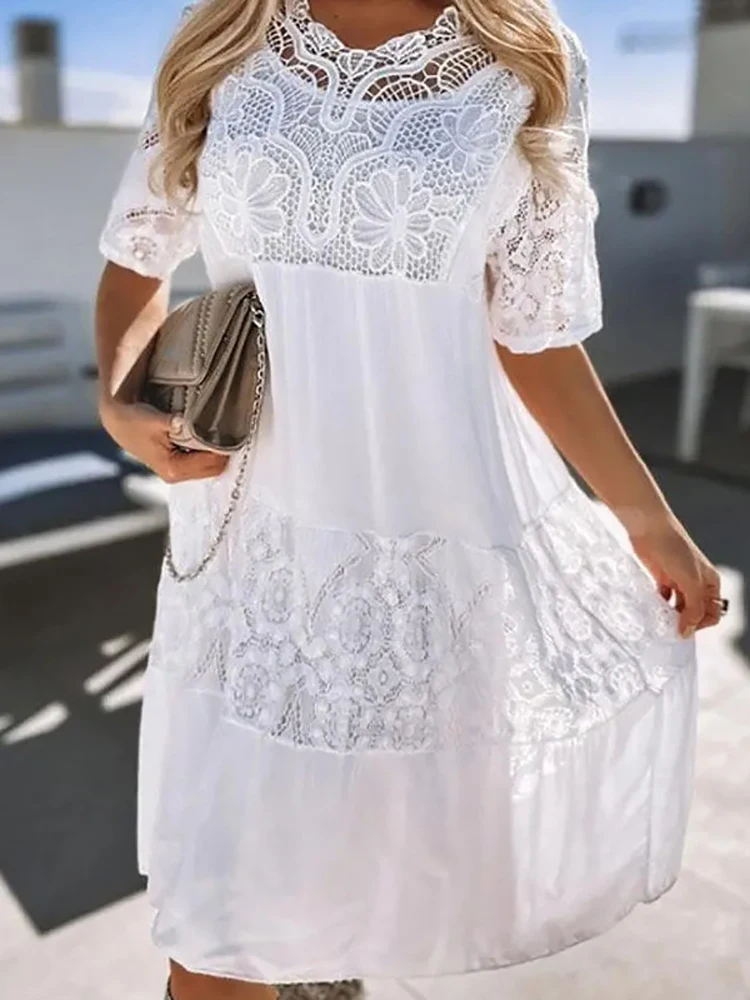 Short Sleeve Lace Patchwork Round Neck Dress Summer Elegant Women Solid Slim Dress Party Club Femme Mini Hollow Dress Vestidos