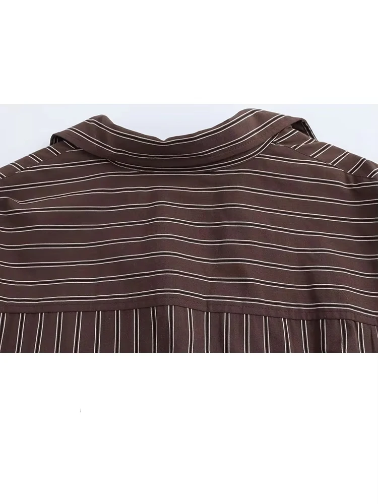TRAFZA, blusas de otoño para mujer, camisas de calle femeninas de un solo pecho con botones de manga larga y cuello vuelto a rayas lisas a la moda
