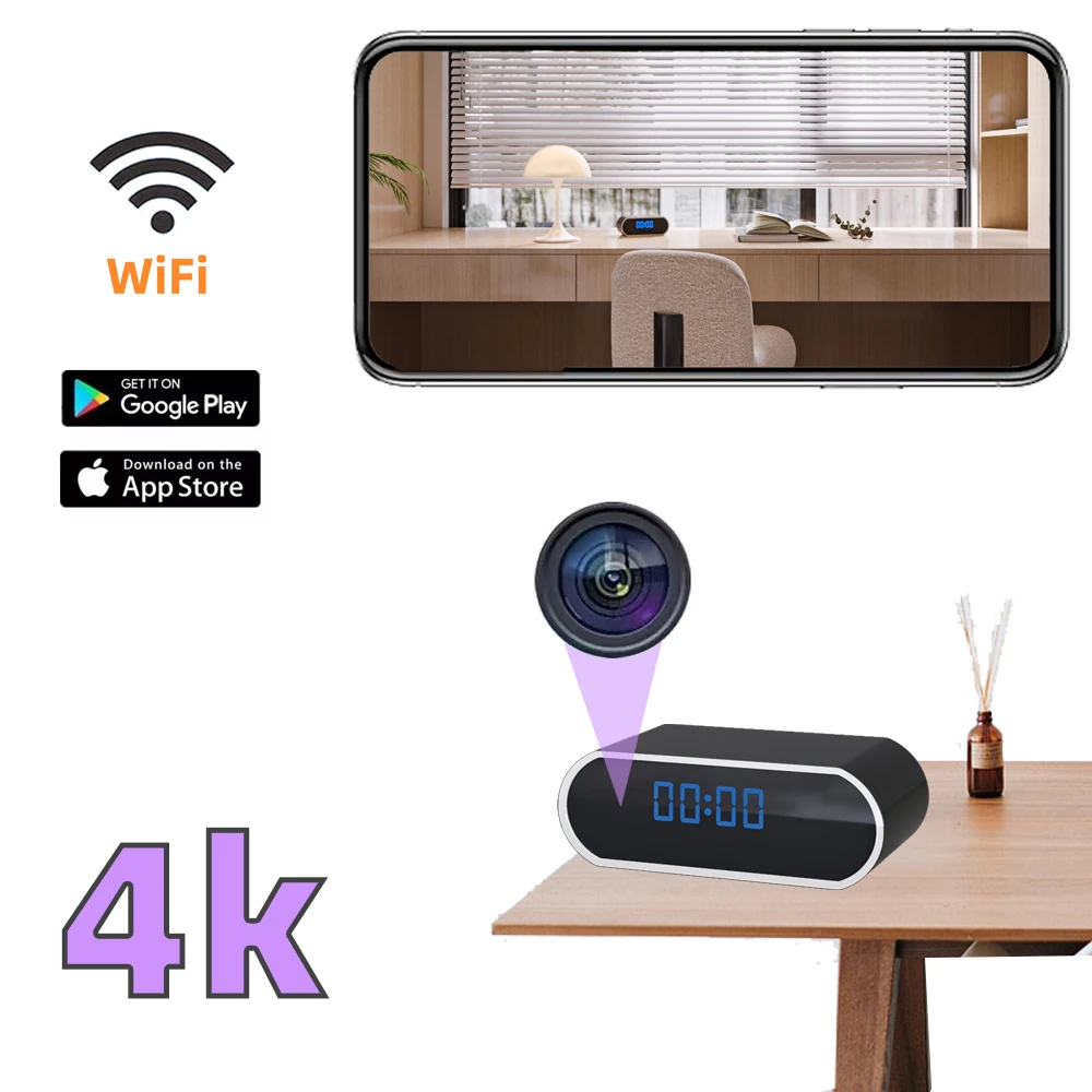 Wireless network mini clock camera 4K WIFI control alarm monitoring IR night vision HD home safety protection video camera