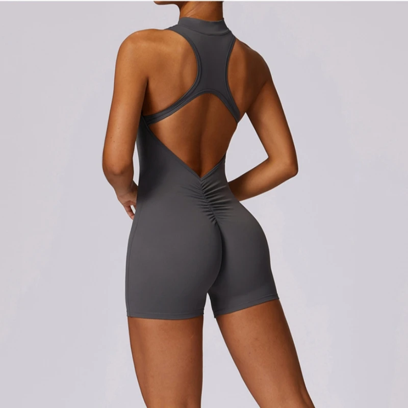 Summer Zipper Workout Jumpsuit Sports Overalls Women Fitness Suit Running Gym Tracksuit Short Sportswear Yoga Set With Chest Pad