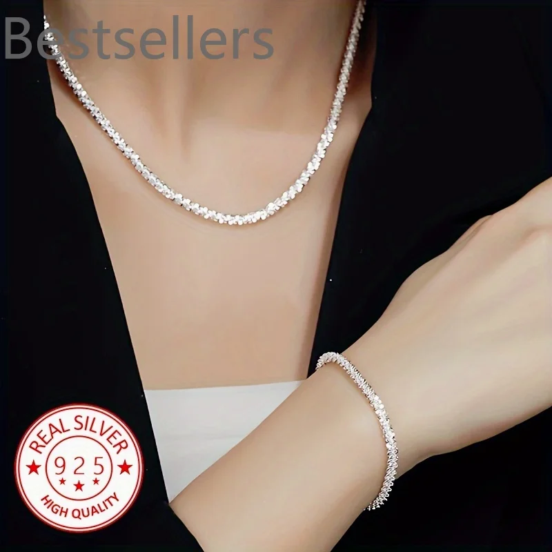 2pcs Elegant 925 Sterling Silver Chain Bracelet necklace Jewelry Set, for women lady men Wedding,Valentine'S Gift