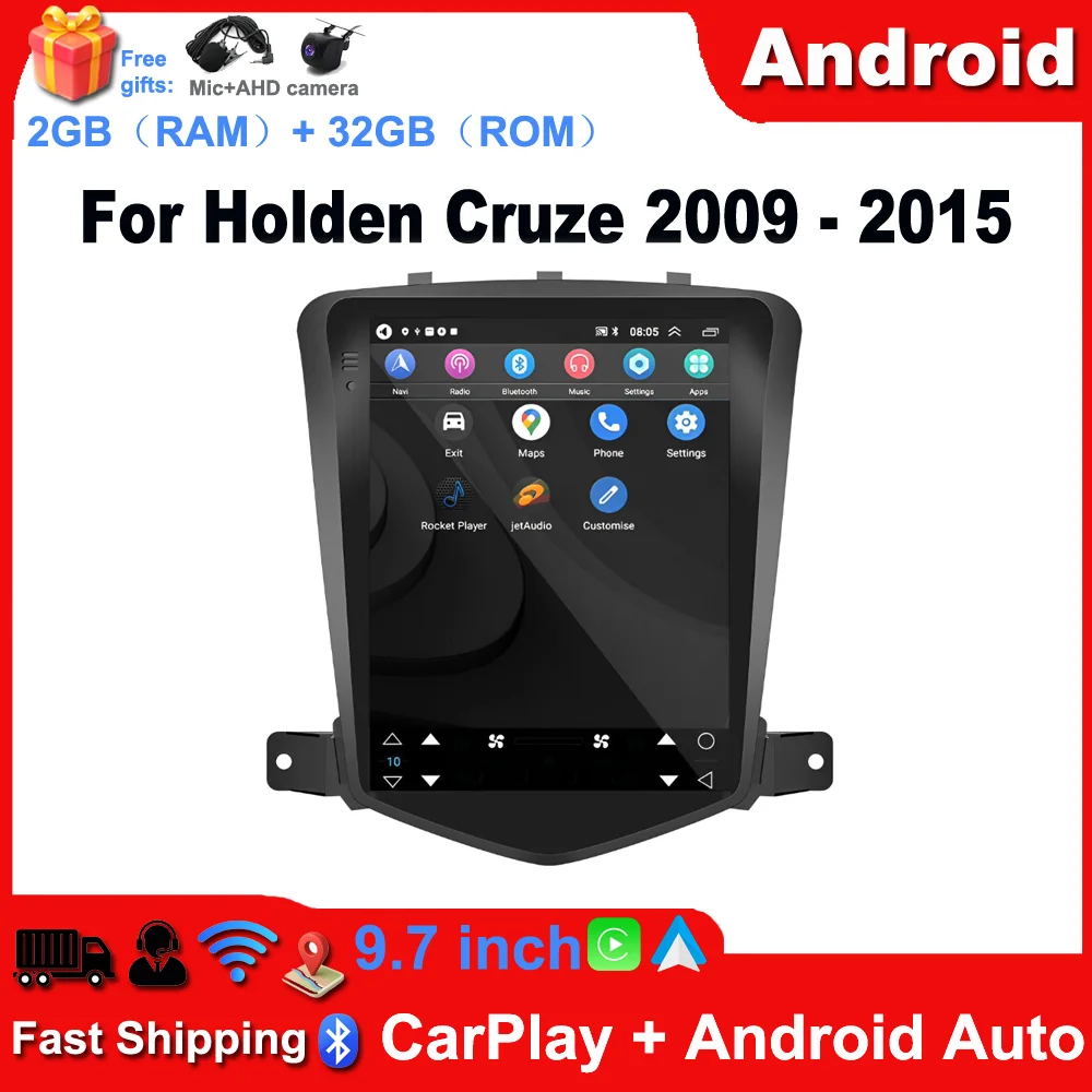 2+32G Car Stereo for Holden Cruze 2009-2015, 9.7inch Android 13 Touch Screen Radio Multimedia Player, 1024X600 Screen/with Carplay/Android Auto/SWC/Bluetooth/WiFi/FM RDS + 12Led Backup Camera