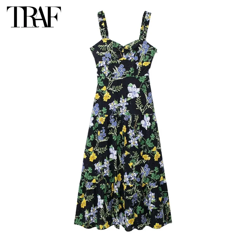 TRAF-Robe Longue Brodée à Fleurs pour Femme, Tenue Midi à Volants, Dos aux, Rétro, Plage, Été