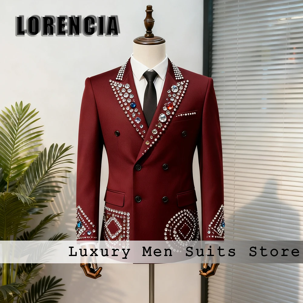 Sparkly Diamond Suits for Men 2 Pcs Luxury Jewelry Tuxedos Set Evening Party Outfits Customized Blazer Pants trajes para hombre