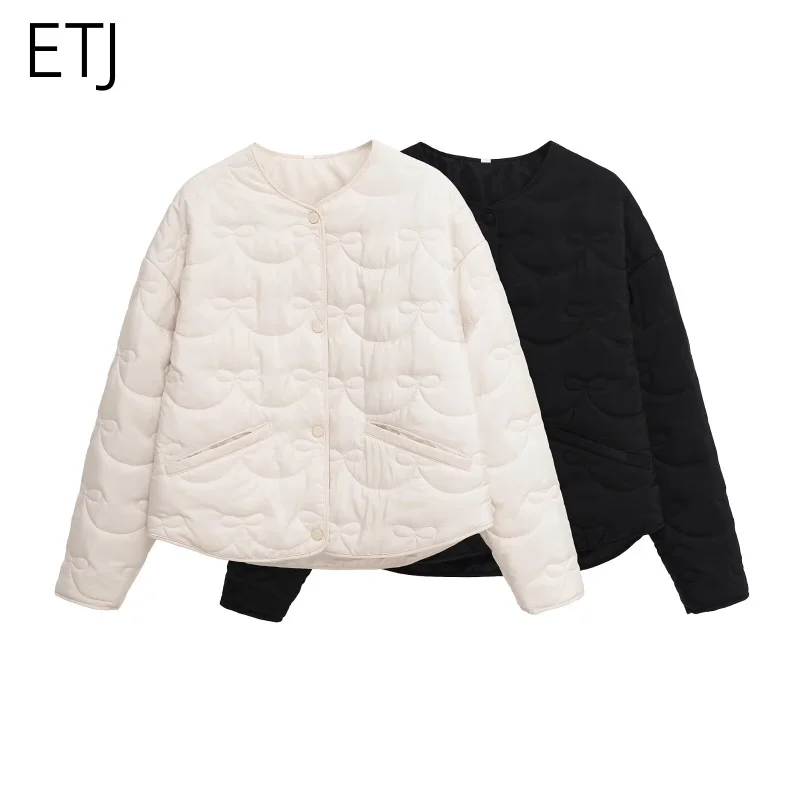 ETJ 2025 winter new women's wear gentle lovely bow-pattern quilted light round neck jacket casual coat