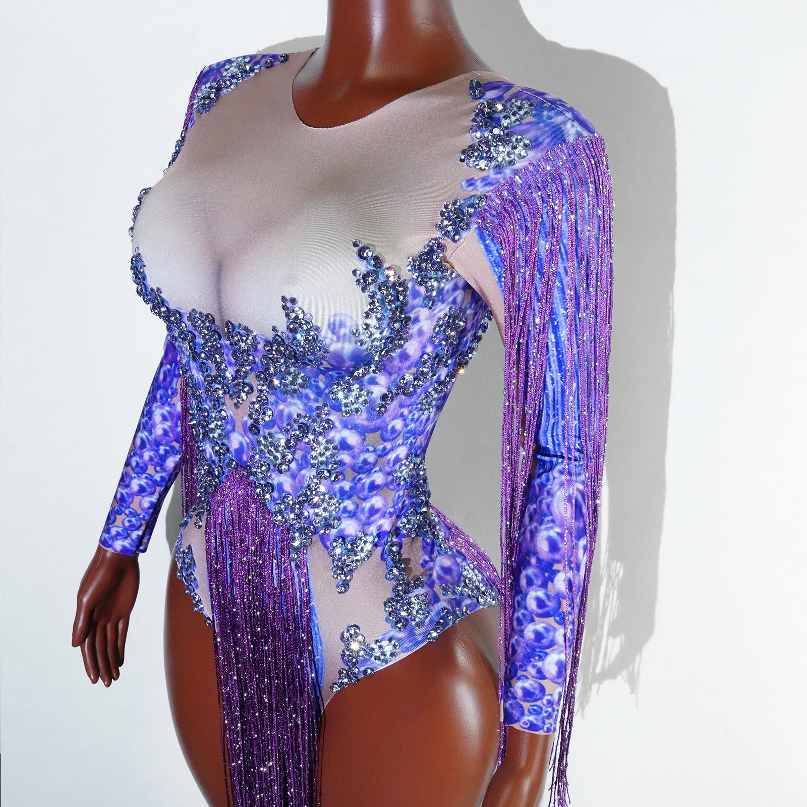 Sparkli Purple Rhinestone Fringed party night Leotard Bodysuit Birthday Party Dance Costume Singer Drag Queen Performance dress