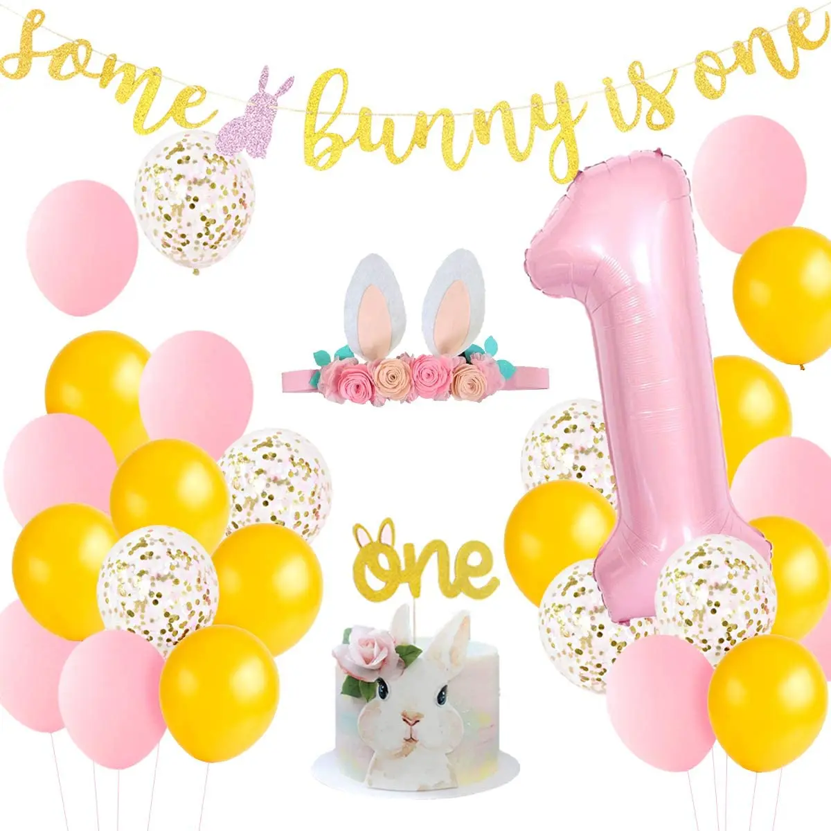 

Bunny 1st Birthday Decorations Some Bunny Is One Birthday Cake Topper Rabbit Glitter Banner for Girl 1st Birthday Party Supplies