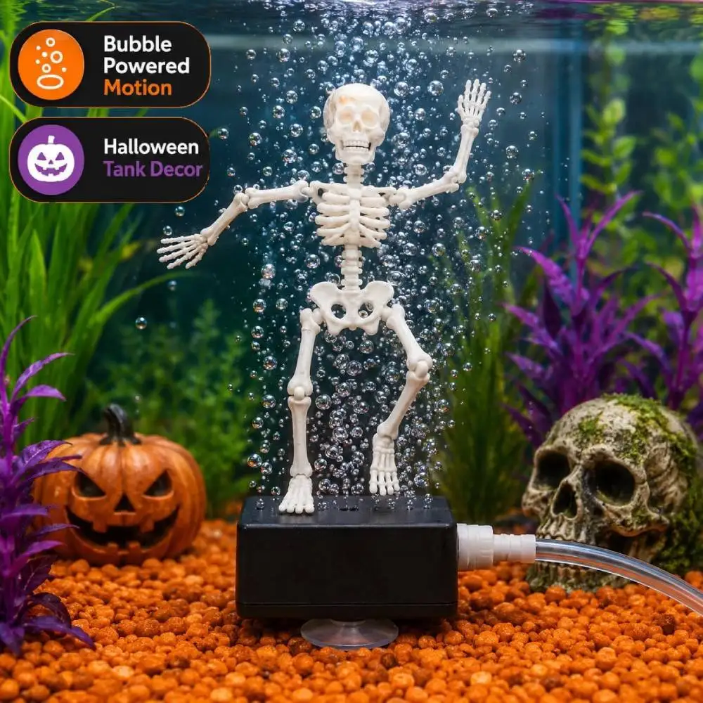 3D Printed Dancing Skeleton Aquarium Bubbler Plastic with Air Tube Fish Tank Halloween Dynamic Skeleton Fish Tank Ornament