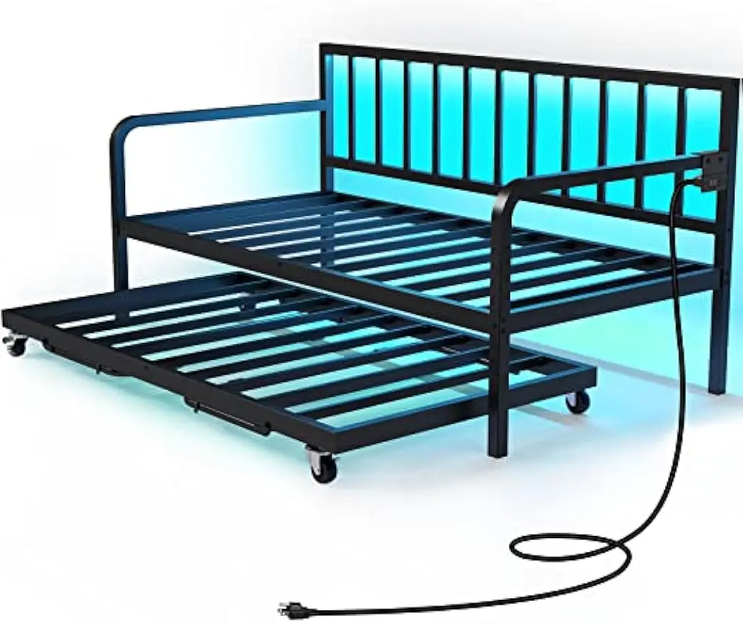 Daybed with Charging Station and LED Lights, Height Adjustable Twin Daybed with Trundle