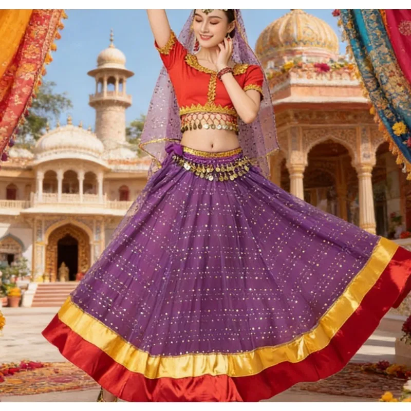 

Женский индийский костюм для выступлений по танцу живота: расклешенная юбка-лехнга для групповых выступлений и ежегодных вечеринок