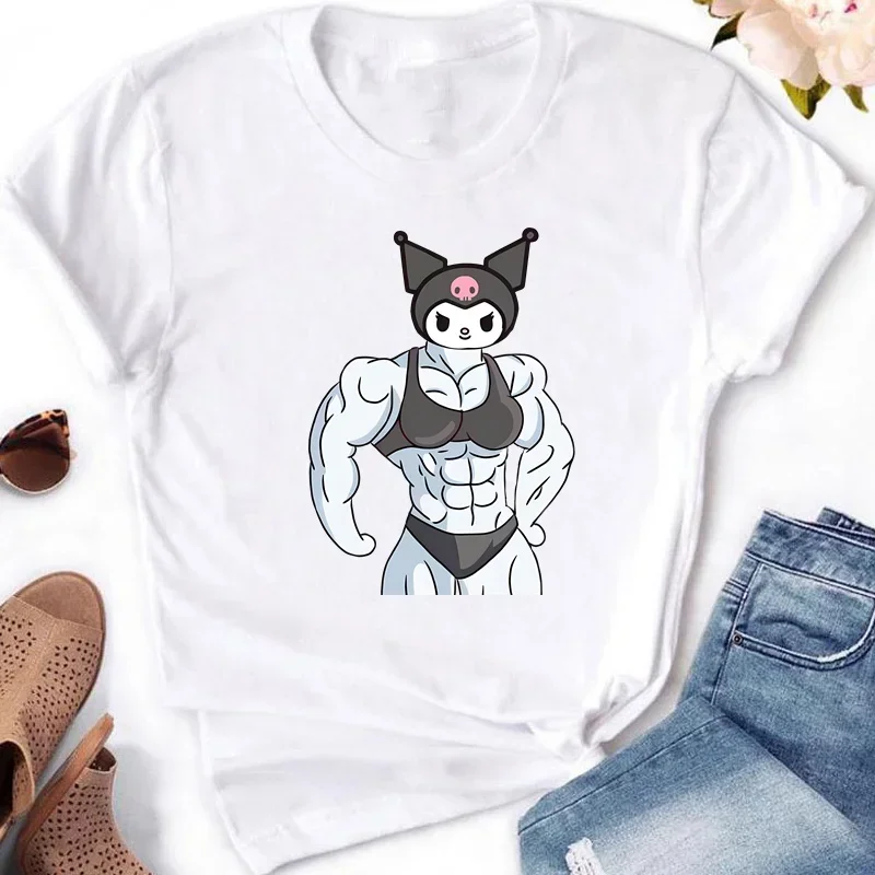 

Женская футболка MINISO Fun Muscle Cartoon Cinnamorolls с рисунком аниме Kuromis My Melody, повседневная забавная свободная одежда с короткими рукавами