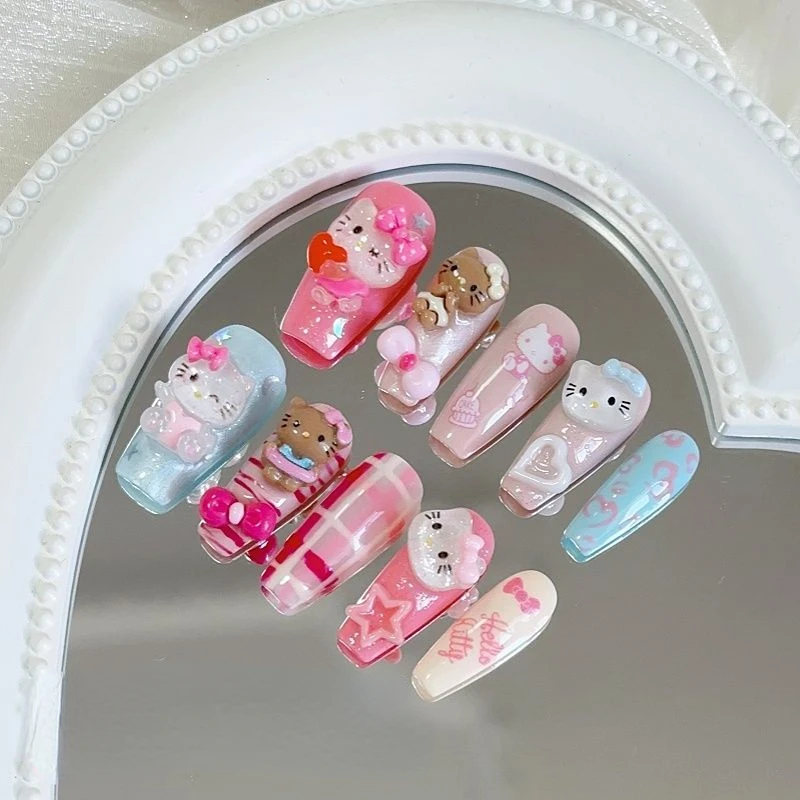 Sanrio Kuromi Melody uñas usables hechas a mano Y2K, Parche de manicura de dibujos animados de moda, manicura desmontable para niñas, regalo de cumpleaños