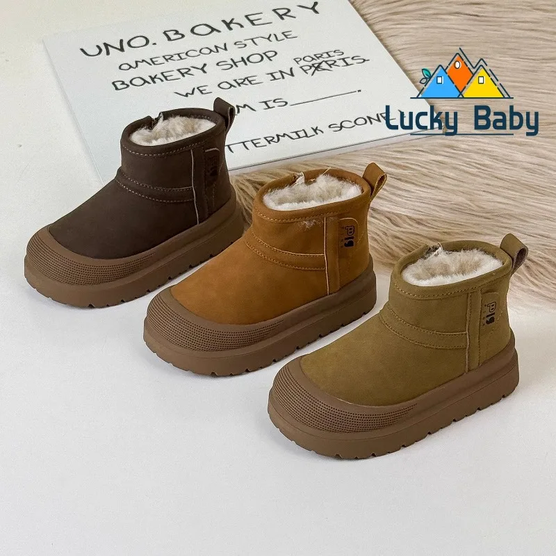 

2025 зимние новые детские модные бархатные теплые зимние ботинки с круглой головкой, уличная непромокаемая хлопковая обувь для мальчиков, короткие сапоги для девочек